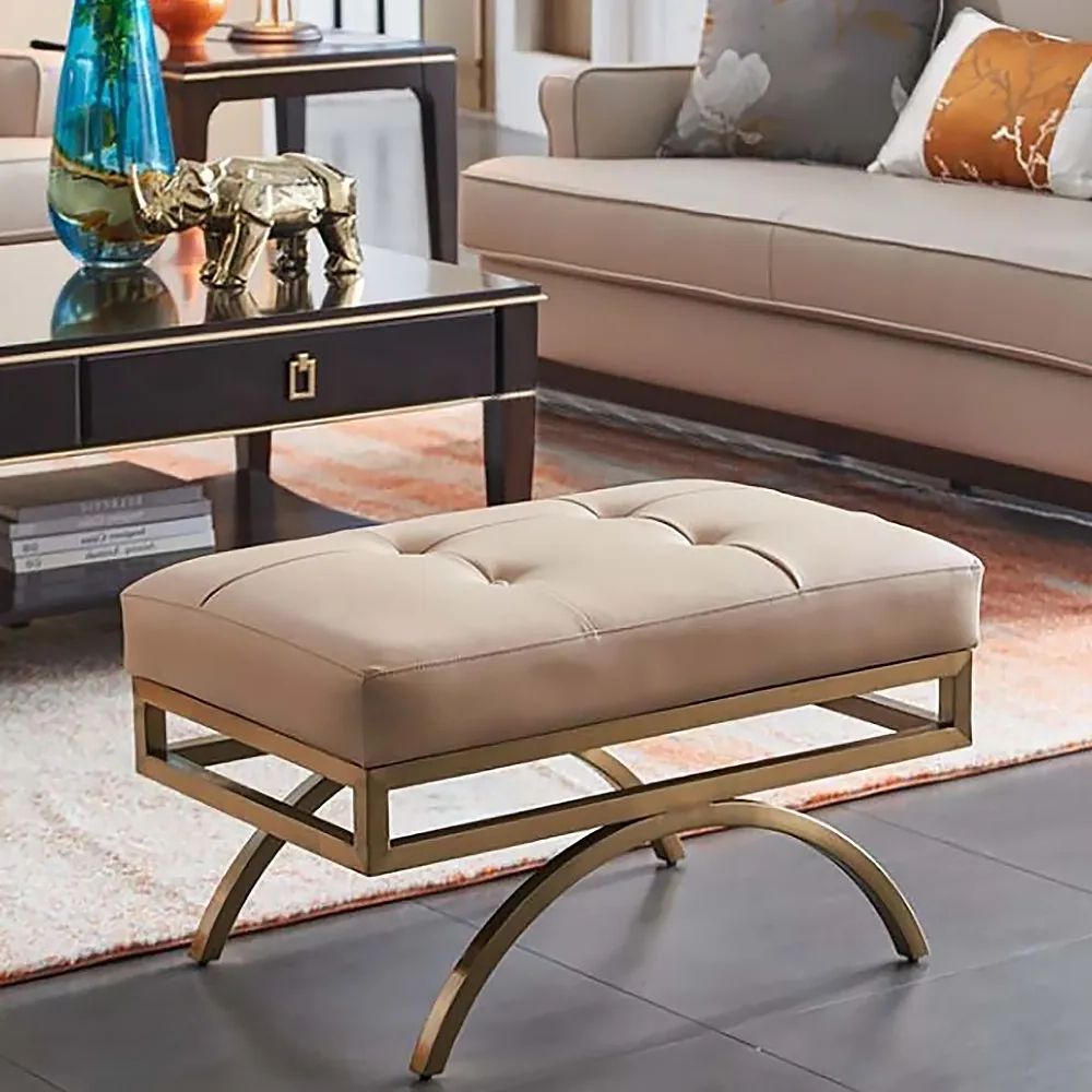 Beige Stool Leather Upholstered Ottoman Stool Gold Legs Homary Inside 2020 Ottomans With Stool (View 7 of 15)