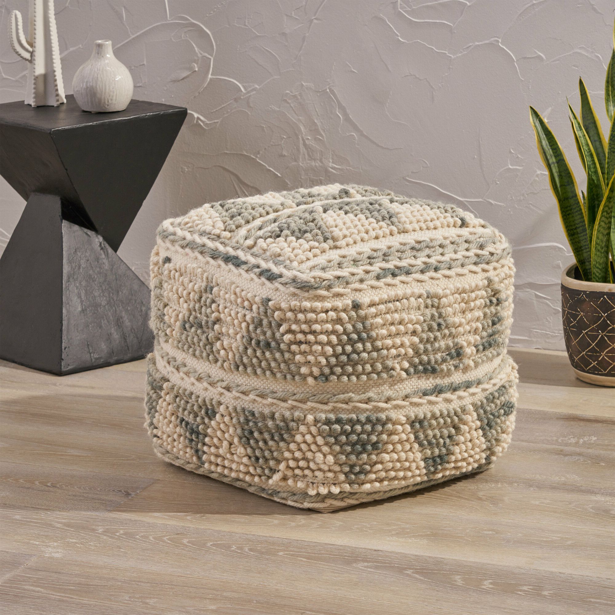 Camphor Boho Wool And Cotton Ottoman Pouf, Ivory And Black In Ivory/blue Noble House Pertaining To Preferred Ivory And Blue Ottomans (View 3 of 15)