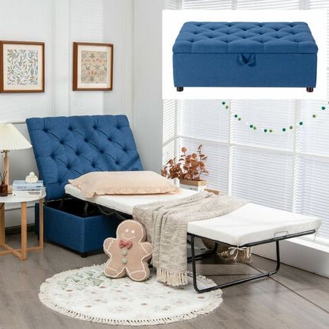 Costway Folding Bed With Mattress, 2 In 1 Convertible Sofa Bed Ottoman,  Space Saving Button Tufted For Most Recent Blue Folding Bed Ottomans (View 7 of 15)