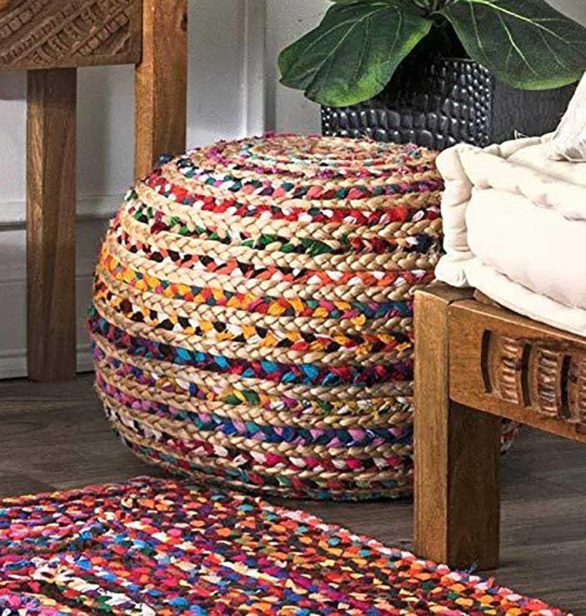Fashionable Natural Ottomans Intended For Bigmo Boho Braided Multi Chindi Rainbow Colors Natural Jute Pouf Ottoman –  Loomkart (View 10 of 15)