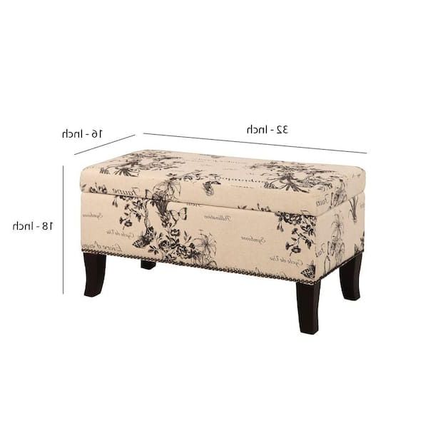 Favorite Benjara Beige And Black Fabric Upholstered Wooden Ottoman With Botanical  Print 18 In. X 32 In. X 16 In (View 15 of 15)