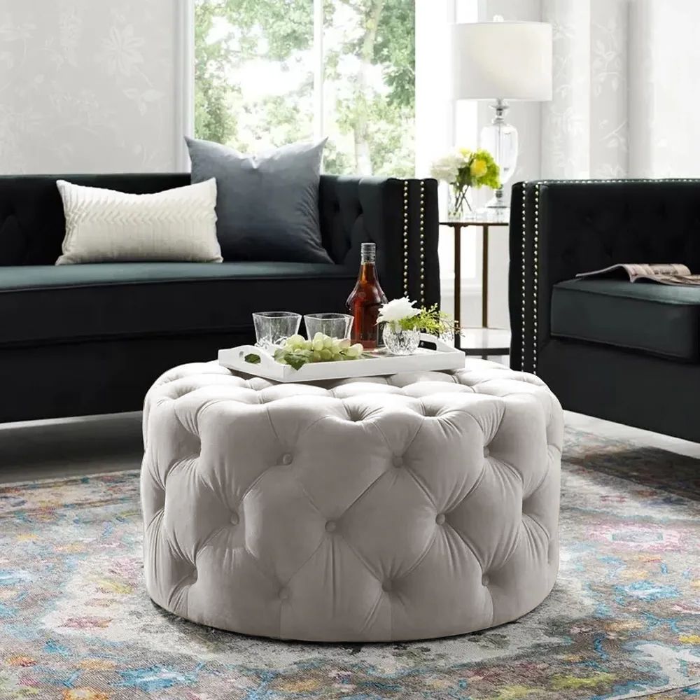 Favorite Tufted Ottoman Light Gray Velvet Ottoman Coffee Table Tufted Cocktail  Ottoman Round Homary Pertaining To Gray Ottomans (View 10 of 15)