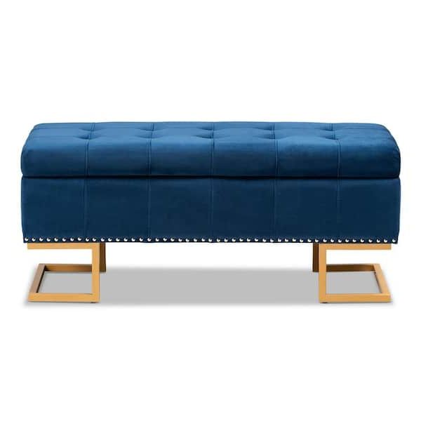 Gold Storage Ottomans For Well Liked Baxton Studio Ellery Navy Blue And Gold Storage Ottoman 178 11294 Hd – The  Home Depot (View 4 of 15)