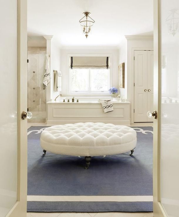 Ivory And Blue Bathroom With White Oval Tufted Ottoman On Caster Legs –  Transitional – Bathroom Pertaining To Well Known Ivory And Blue Ottomans (View 8 of 15)