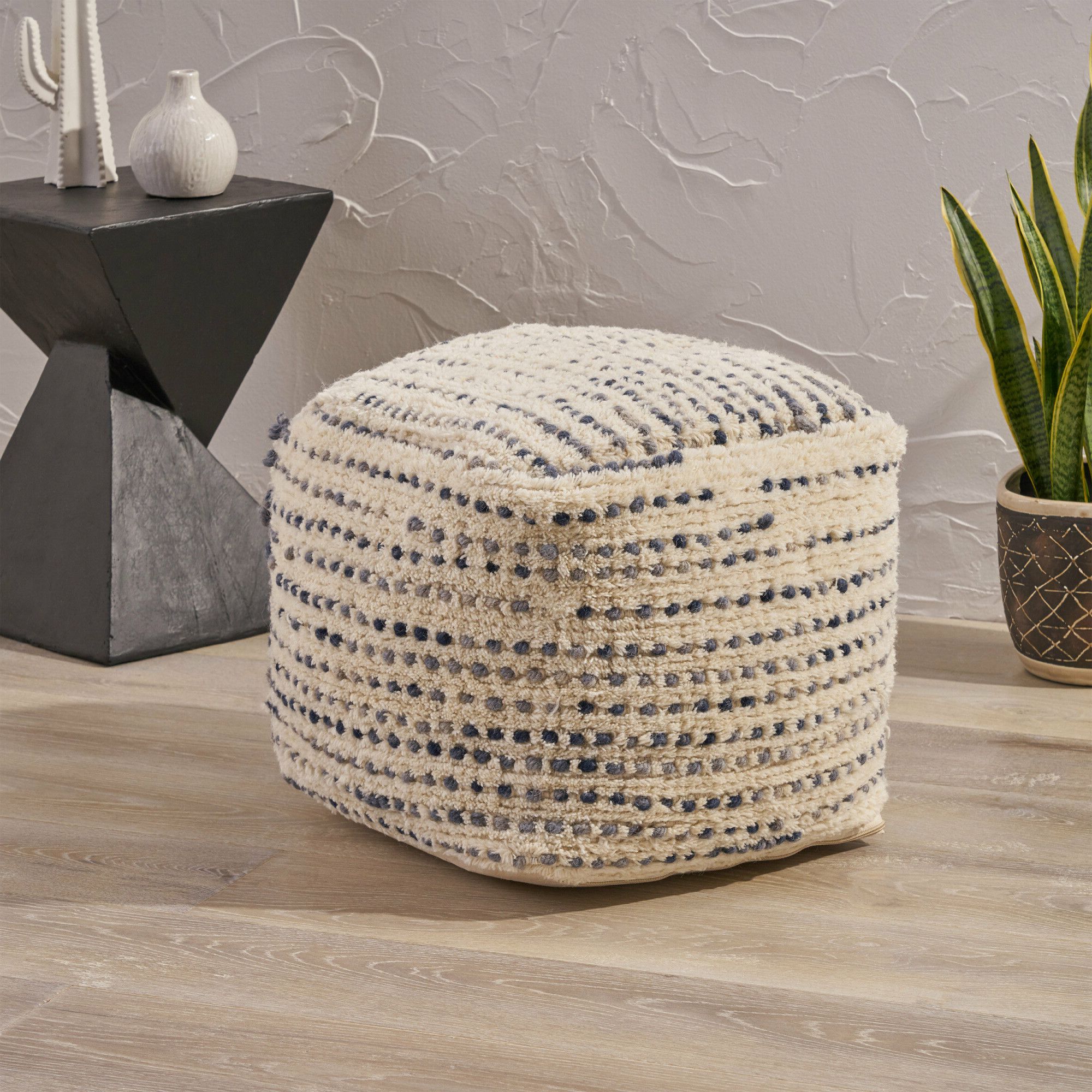 Ivory And Blue Ottomans Throughout Newest Calzona Boho Wool And Cotton Ottoman Pouf, Ivory And Blue In Ivory/blue Noble House (View 4 of 15)