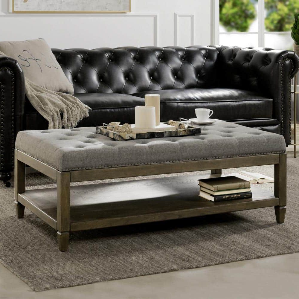 Jennifer Taylor Sylvan Heather Grey Farmhouse Oak Tufted Cocktail Storage  Ottoman 85660 Mlh – The Home Depot Within Most Current Beige Thomas Ottomans (View 10 of 15)