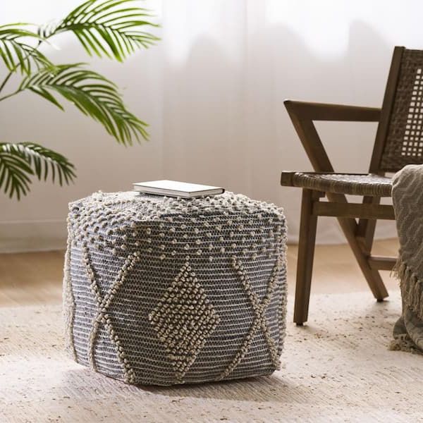 Latest Noble House Brinket Ivory And Grey Cube Pouf Ottoman 68721 – The Home Depot In Soft Ivory Geometric Ottomans (View 15 of 15)