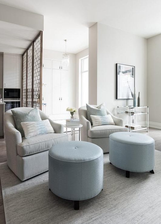 Light Gray Ottomans Pertaining To Well Liked Light Gray Swivel Club Chairs With Round Light Blue Ottomans – Contemporary  – Living Room (View 8 of 15)