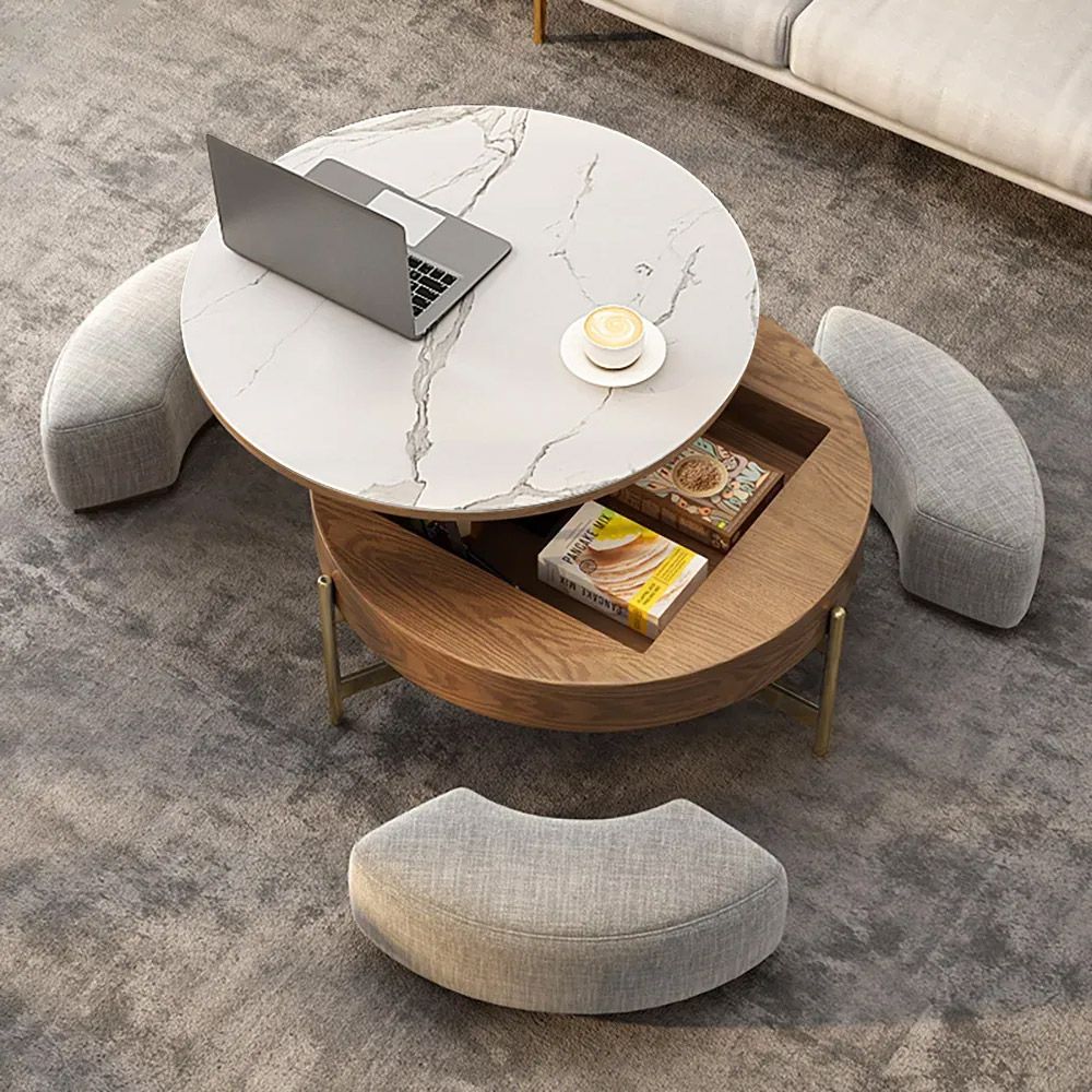 Modern Round Lift Top Coffee Table Set With Storage & 3 Ottomans White &  Walnut Homary Within Most Recent Ottomans With Walnut Wooden Base (View 6 of 15)