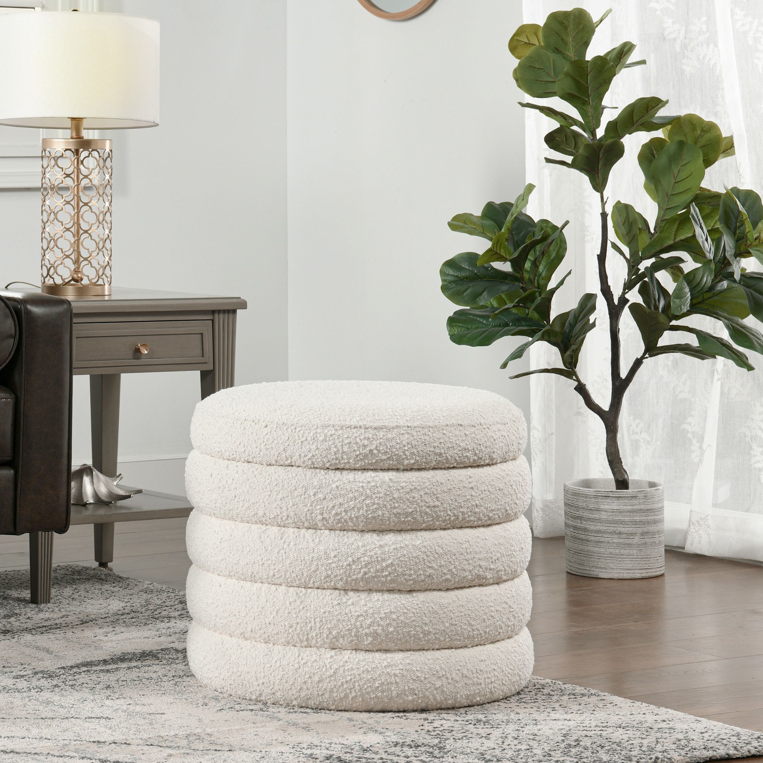Most Current Boucle Ottomans Within Fuji 19" Upholstered Round Storage Ottoman, Ivory White Boucle – On Sale –  Overstock –  (View 7 of 15)