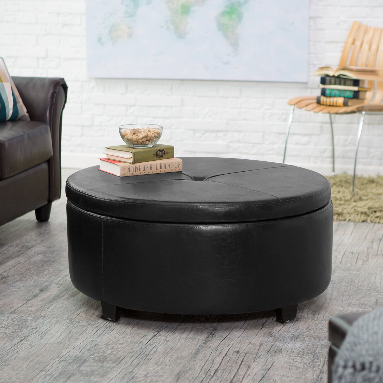 Most Popular Lacoo Large Round Storage Ottoman Comfort Footrest, Black Faux Leather –  Walmart Intended For 36 Inch Round Ottomans (View 12 of 15)