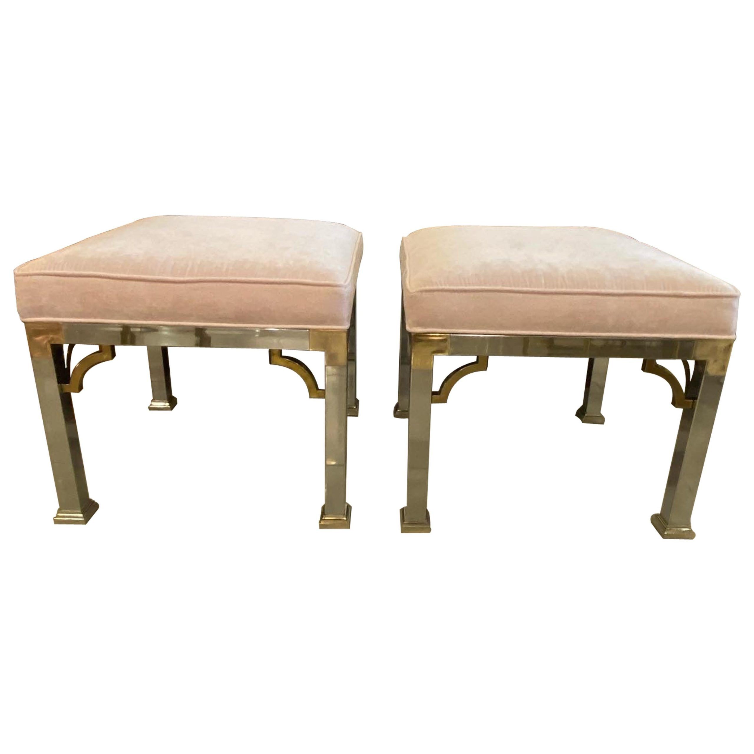 Most Recently Released Antique Brass Ottomans In Vintage Pair Of Chrome And Brass Upholstered Pink Velvet Benches Stools  Ottomans For Sale At 1stdibs (View 13 of 15)