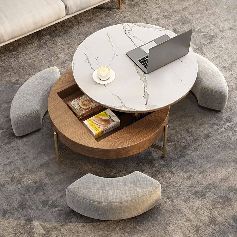 Most Up To Date Modern Round Lift Top Coffee Table Set With Storage & 3 Ottomans White &  Walnut Homary Inside Walnut Round Ottomans (View 10 of 15)