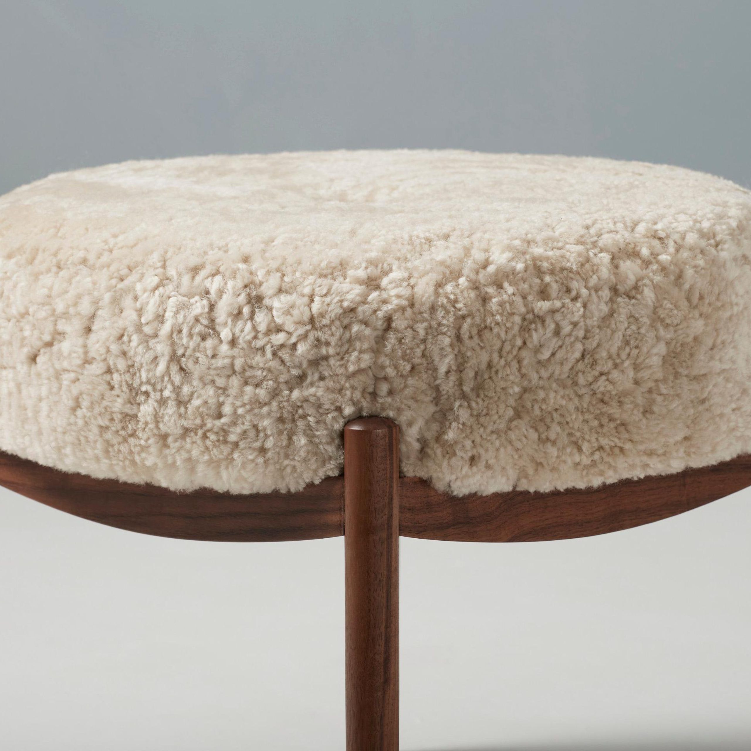 Most Up To Date Satin Black Shearling Ottomans Throughout Custom Made Walnut And Shearling Round Ottoman For Sale At 1stdibs (View 8 of 15)