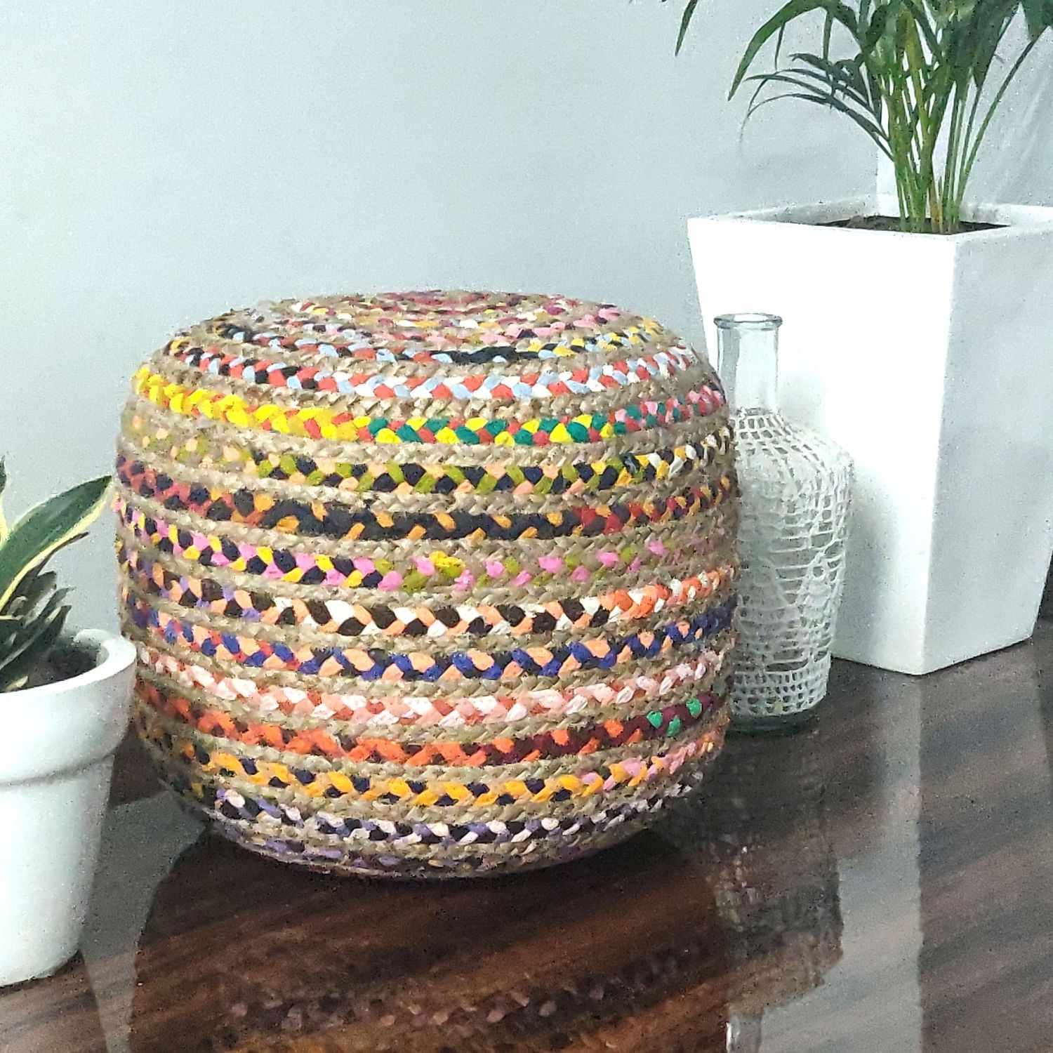 Natural Ottomans Intended For Best And Newest Bigmo Boho Braided Natural Jute And Multi Chindi Pouf Ottoman Large Size –  Loomkart (View 7 of 15)