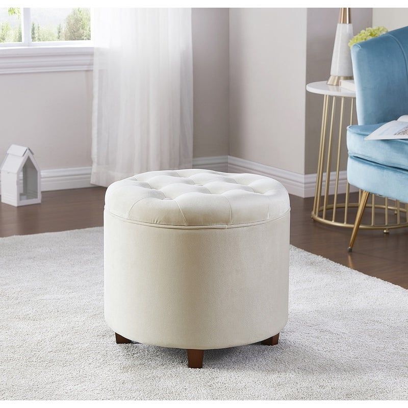 Newest Ottomans With Stool Regarding Donovan Tufted Round Storage Ottoman – On Sale – Overstock –  (View 9 of 15)