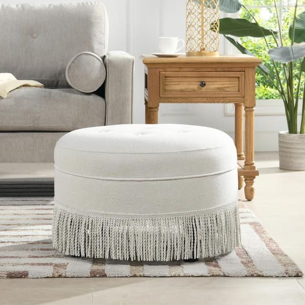 Off White Ottomans In 2020 Yoland A Upholstered Round Accent Ottoman, Alabaster Off White Tweed  2345 D014 – The Home Depot (View 15 of 15)
