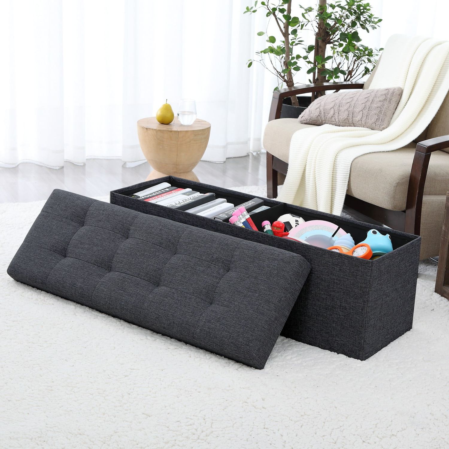 Ornavo Home Foldable Tufted Linen Large Storage Ottoman Bench Foot Rest  Stool/seat – 15" X 45" X 15" – Walmart Regarding Most Current Bench Ottomans (View 14 of 15)