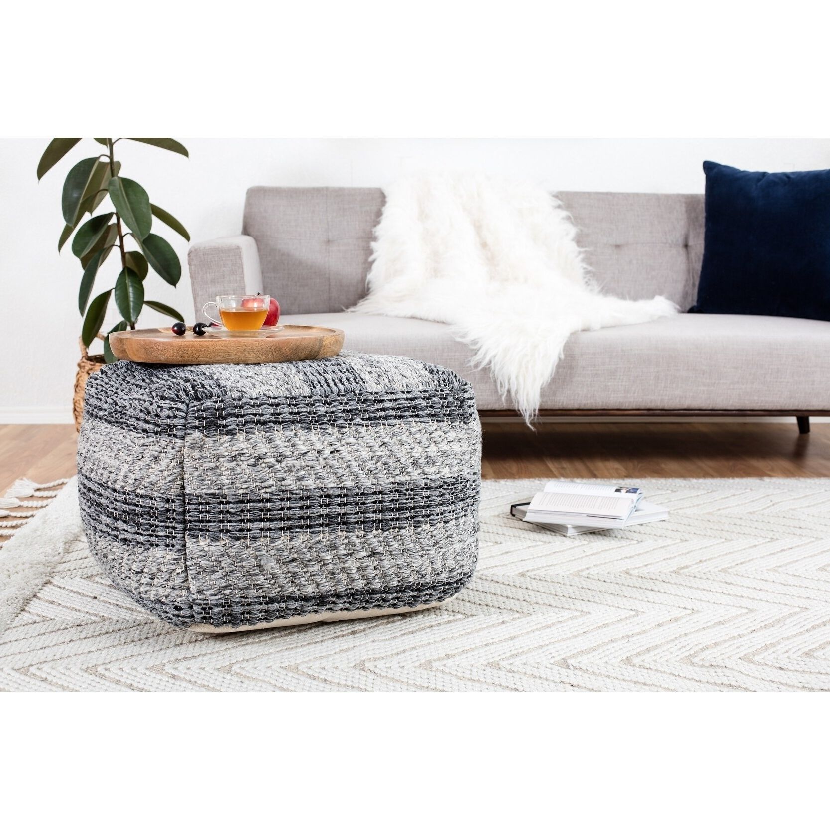 Polyester Handwoven Ottomans With Regard To Recent Jani Grey Striped Handwoven 24 Inch Square Pouf Ottoman – Overstock –   (View 6 of 15)