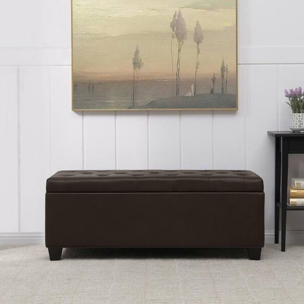 Popular Handy Living Brown Renu Leather Tufted Wall Hugger Bench Storage Ottoman 19  In. H X 48 In. W X 21.75 In (View 7 of 15)