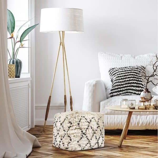 Preferred Ottomans With Sequins Throughout 3r Studios White Fringed With Sequins Moroccan Pouf Da6458 – The Home Depot (View 5 of 15)