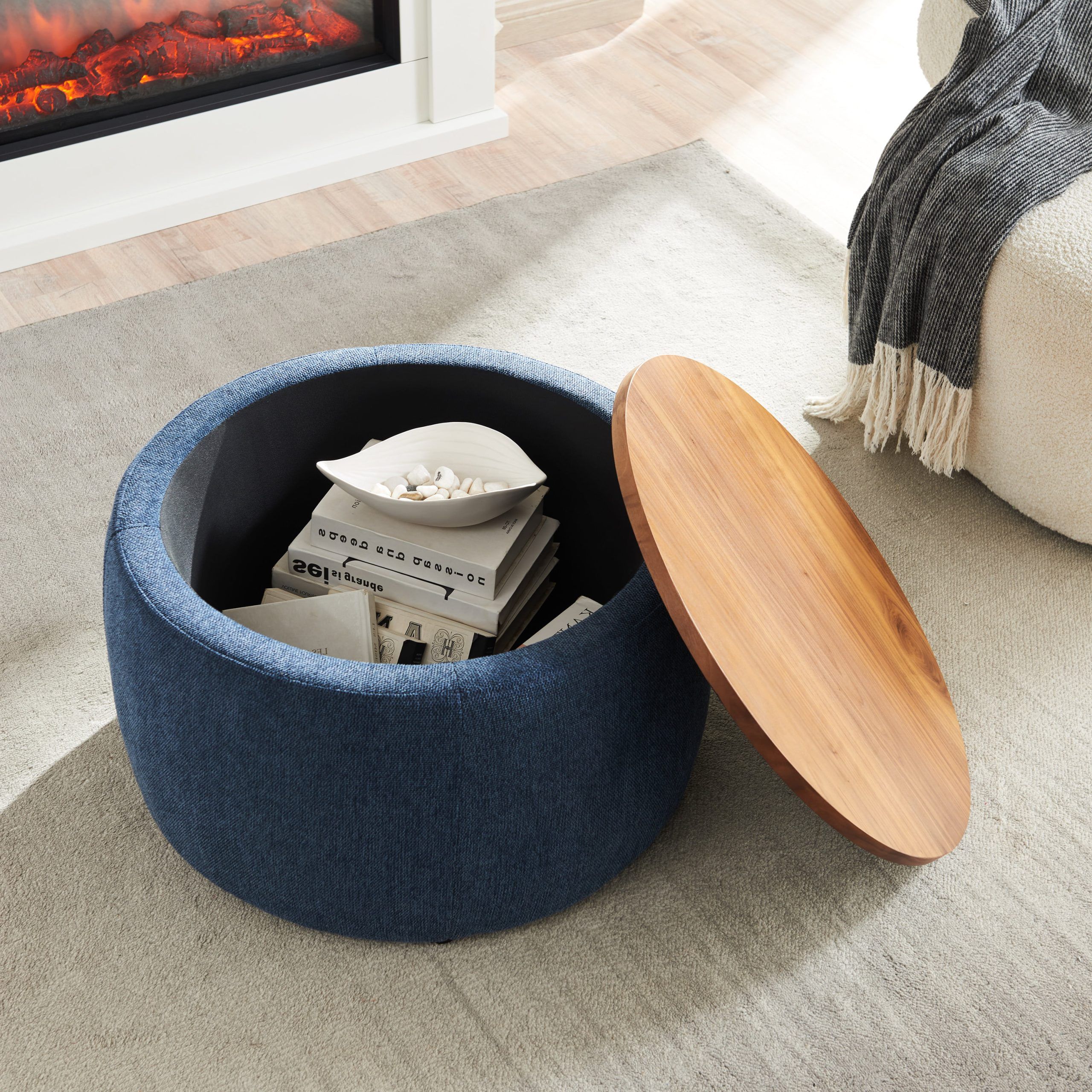 Recent Btmwayround Storage Ottoman, Upholstered Round Ottoman Footrest Stool,  Round Coffee Table With Storage, Reversible Lid Tray, Ottoman With Storage  For Bedroom Living Room Office Home, Navy Blue – Walmart Intended For Ottomans With Stool And Reversible Tray (View 11 of 15)