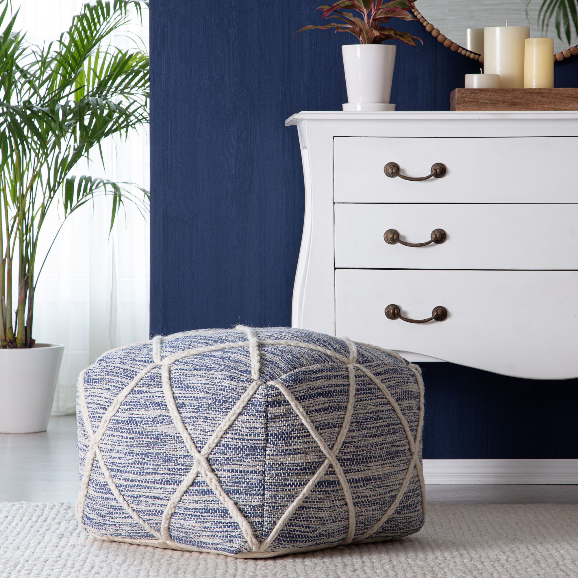Recent Ivory And Blue Ottomans For Anji Mountain Kirkwood Lake 22" Square Pouf Ottoman Blue & Ivory –  Walmart (View 9 of 15)