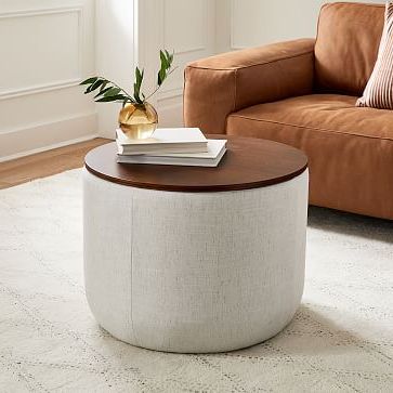 Upholstered Round Storage Ottoman Intended For Recent Ottomans With Walnut Wooden Base (View 7 of 15)