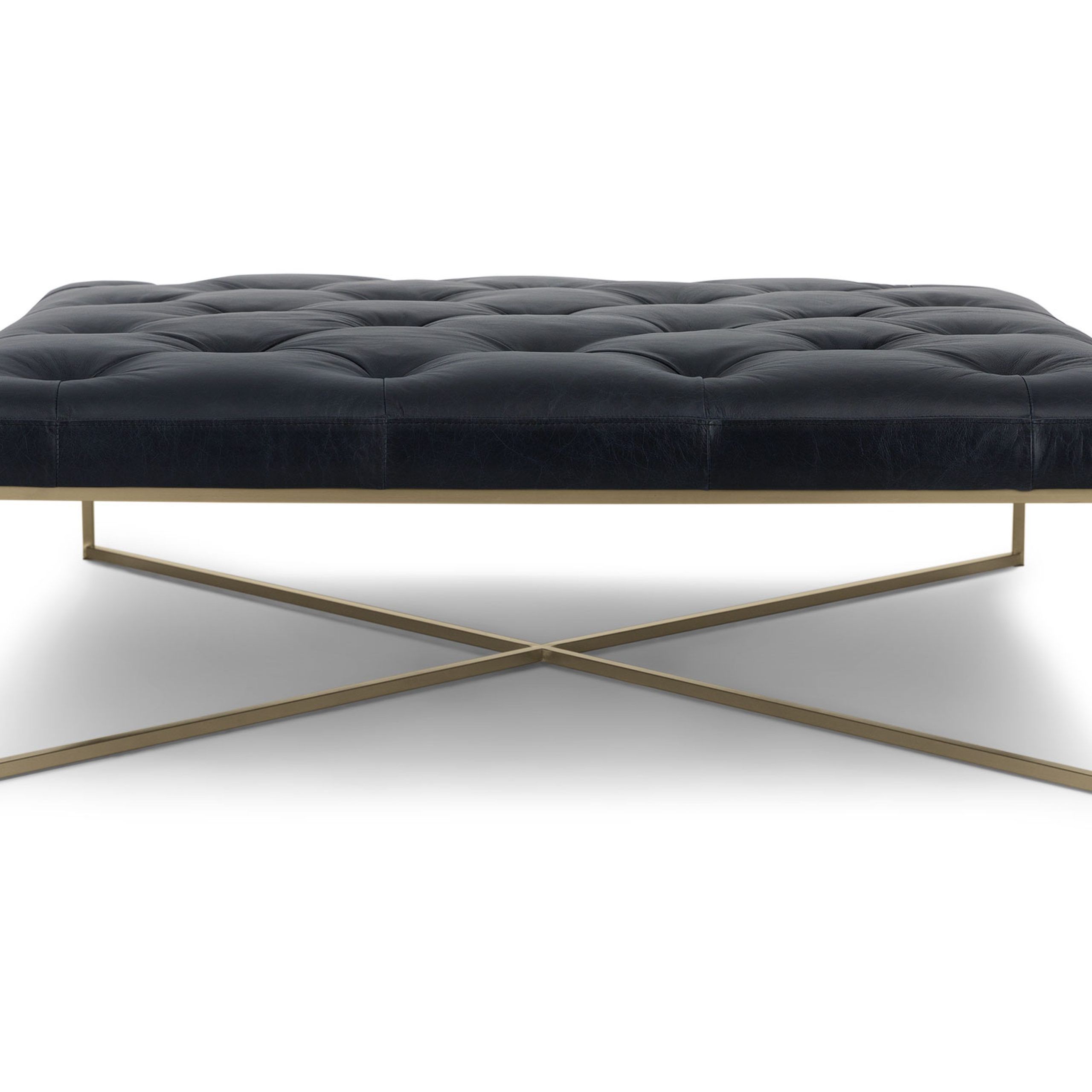 Well Known Black Ottomans Pertaining To Square Brushed Brass & Charme Black Leather Ottoman (View 3 of 15)