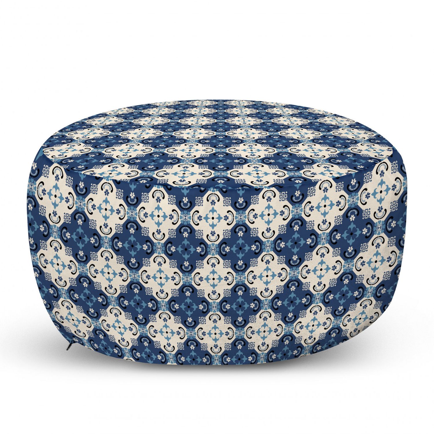 Well Known Moroccan Ottoman Pouf, Repetitive Floral Inspired Patchwork Look Sea Tones  Illustration, Decorative Soft Foot Rest With Removable Cover Living Room  And Bedroom, Dark Sky Blue Ivory,ambesonne – Walmart For Soft Ivory Geometric Ottomans (View 14 of 15)