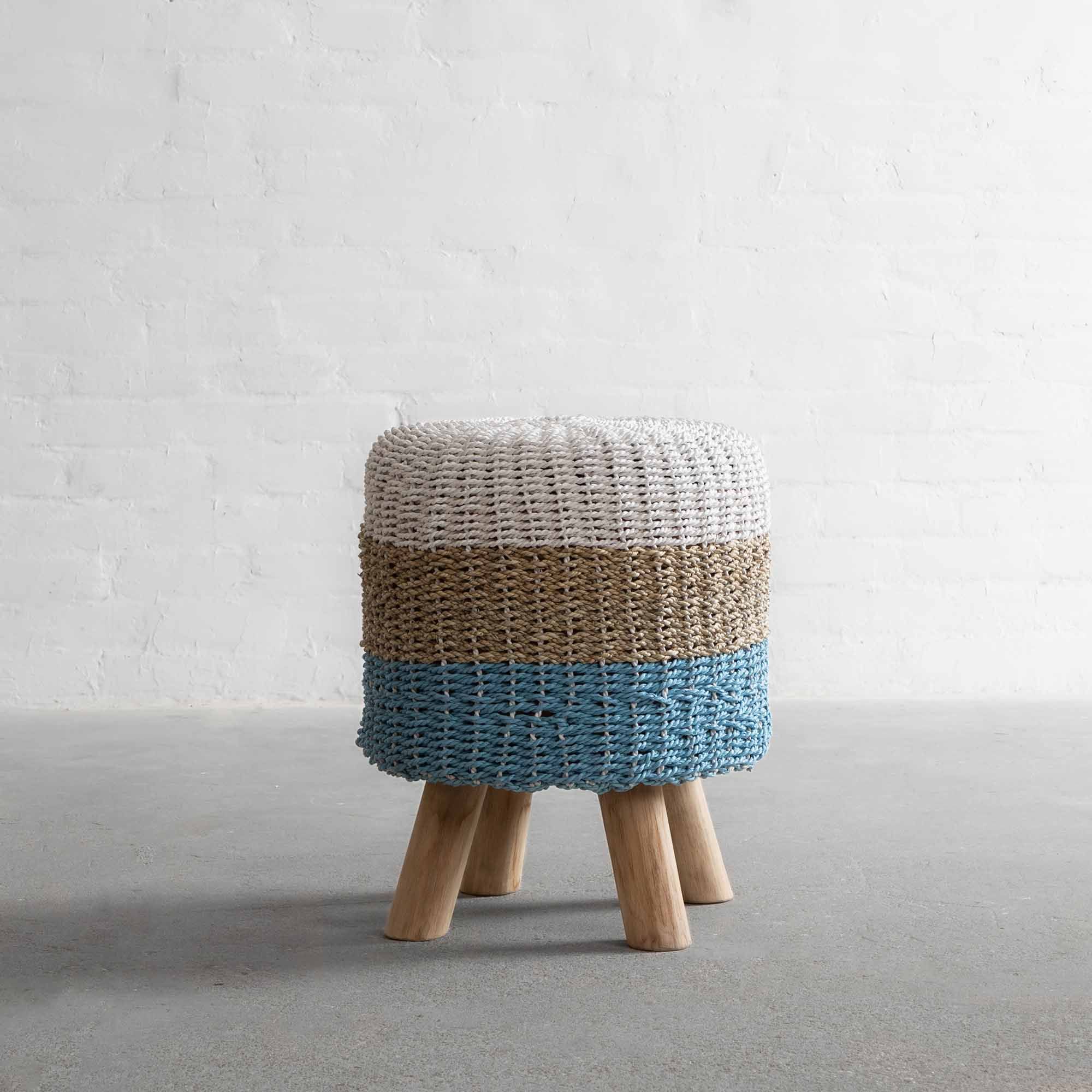 Well Known Polyester Handwoven Ottomans Intended For Langkawi Handwoven Ottoman – White Natural Aqua (View 10 of 15)
