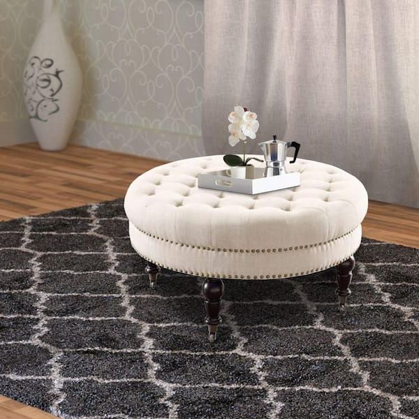 Widely Used Benjara White And Black Fabric Upholstered Round Tufted Ottoman Bm144028 –  The Home Depot With Fabric Upholstered Ottomans (View 10 of 15)