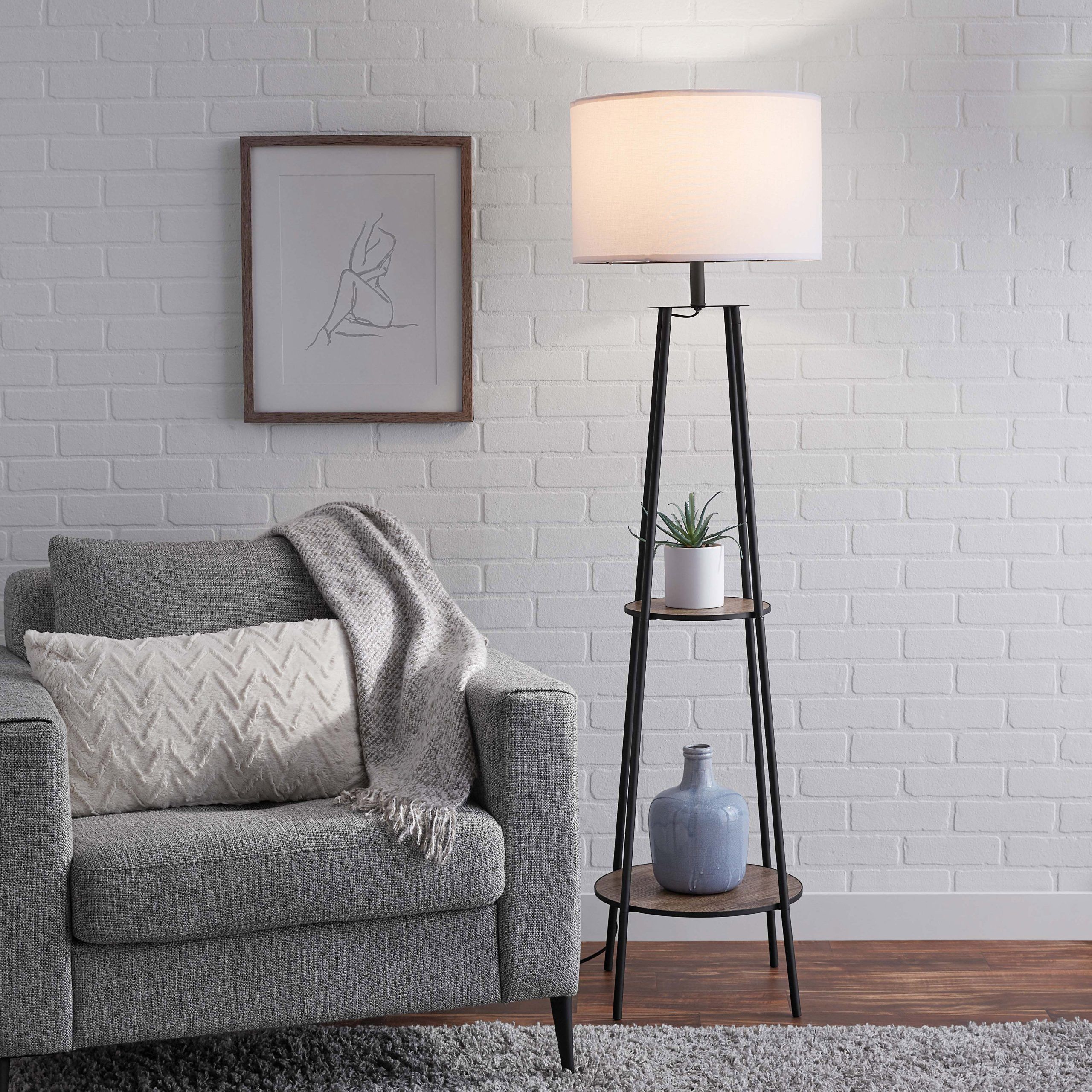 2019 Matte Black Floor Lamps Regarding Mainstays Etagere Matte Black Floor Lamp, With 2 Wood Shelves, Black Color  – Walmart (View 5 of 15)