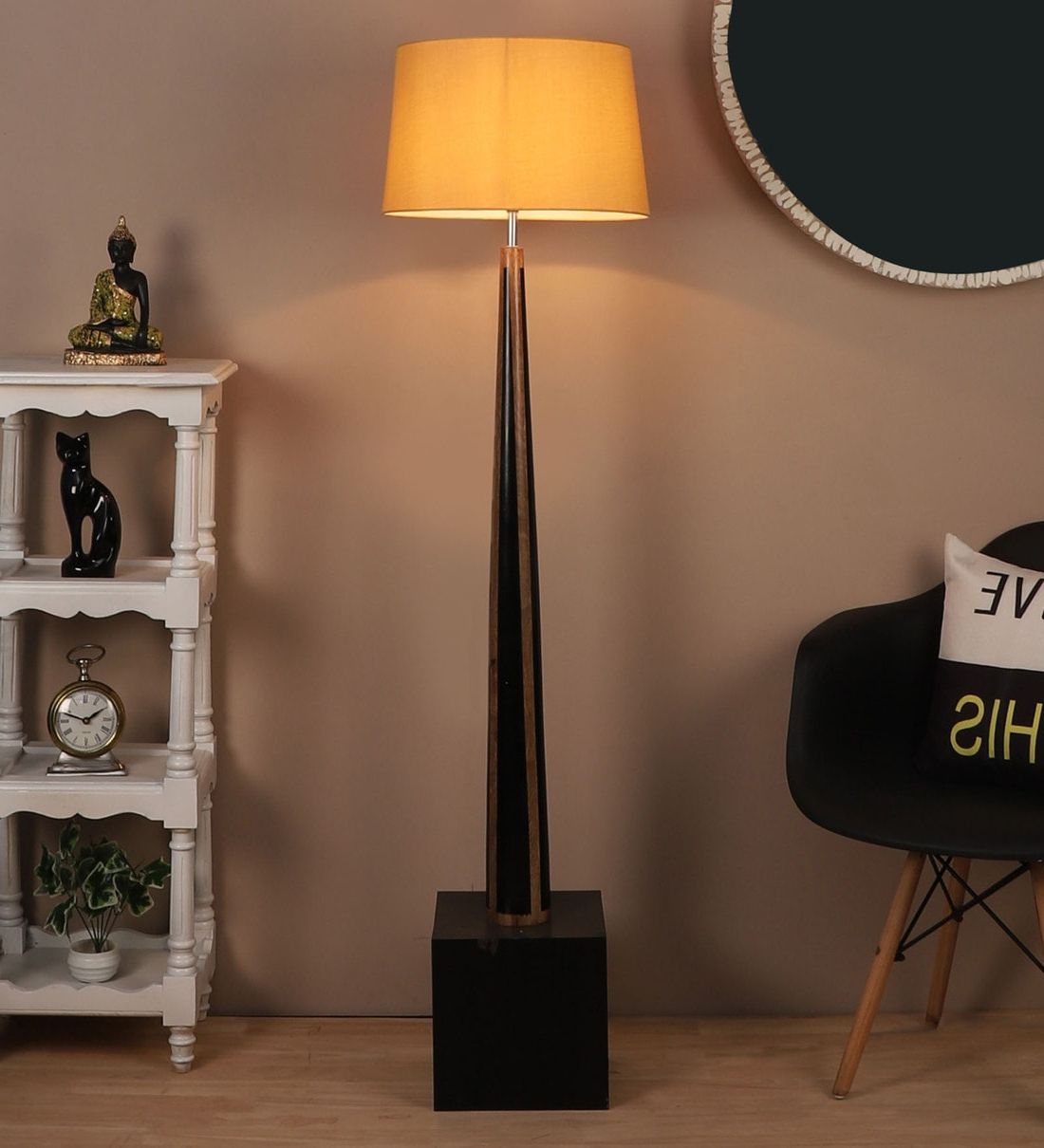 Buy Gold Shade Floor Lamp With Mango Wood Basethe Lighting Hub Online –  Club Floor Lamps – Floor Lamps – Lamps And Lighting – Pepperfry Product Within Trendy Mango Wood Floor Lamps (View 14 of 15)