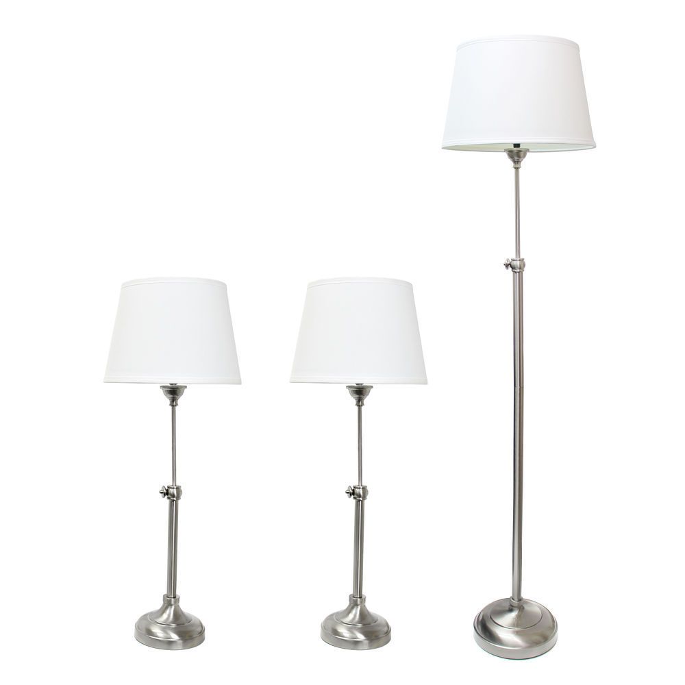 Current Lalia Home Perennial Modern Manhattan Extendable 3 Piece Metal Lamp Set (2  Table Lamps, 1 Floor Lamp) For Living Room, Bedroom, Home Decor With White  Tapered Drum Fabric Shades And Brushed Nickel Finish Within 3 Piece Setfloor Lamps (View 5 of 15)