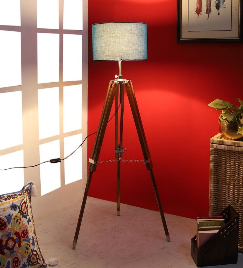 Current Tripod Floor Lamps Pertaining To Buy Blue Cotton Shade Tripod Floor Lamp With Teak Basepristine  Interiors Online – Tripod Floor Lamps – Floor Lamps – Lamps And Lighting –  Pepperfry Product (View 15 of 15)