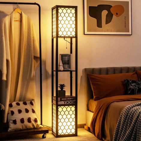 Floor Lamp With Shelves, 2 Lampshade Standing Light With Pull Chain And  Foot Switch, Modern Reading Intended For Current Floor Lamps With Dual Pull Chains (View 12 of 15)