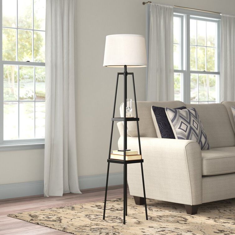 Latitude Run® 58" Modern Metal Etagere Floor Lamp With Shelves And Linen  Shade & Reviews (View 1 of 15)