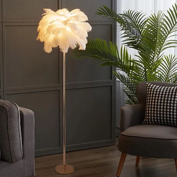 Loftus Art Deco Floor Lamp With White Feather Shade Gold Finish Homary Regarding Widely Used Gold Floor Lamps (View 7 of 15)