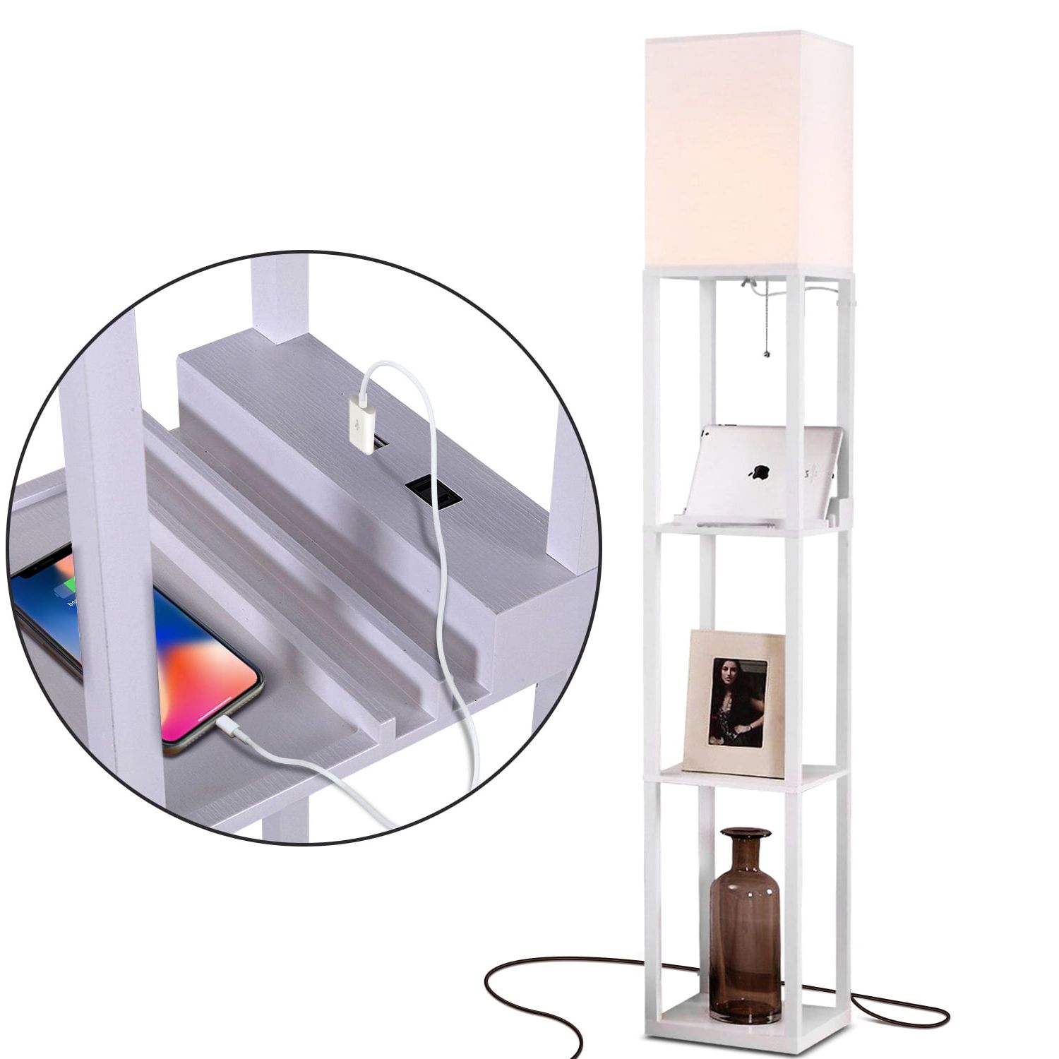 Most Up To Date Brightech Maxwell Standing Tower Floor Lamp With Shelves And Usb Port,  White – Walmart With Regard To Floor Lamps With Usb (View 7 of 15)