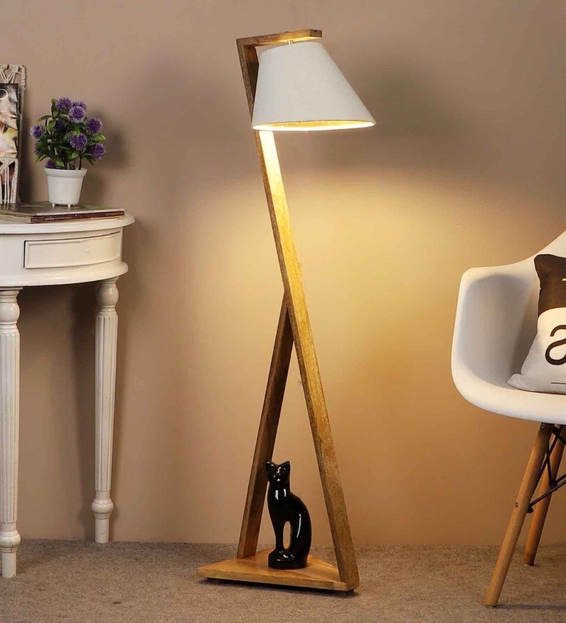 Newest Buy New Age Z Shaped Natural Wooden Floor Lamp With Umbrella White Shade The Lighting Hub Online – Shelf Floor Lamps – Lamps – Lamps And Lighting –  Pepperfry Product Pertaining To Oak Floor Lamps (View 10 of 15)
