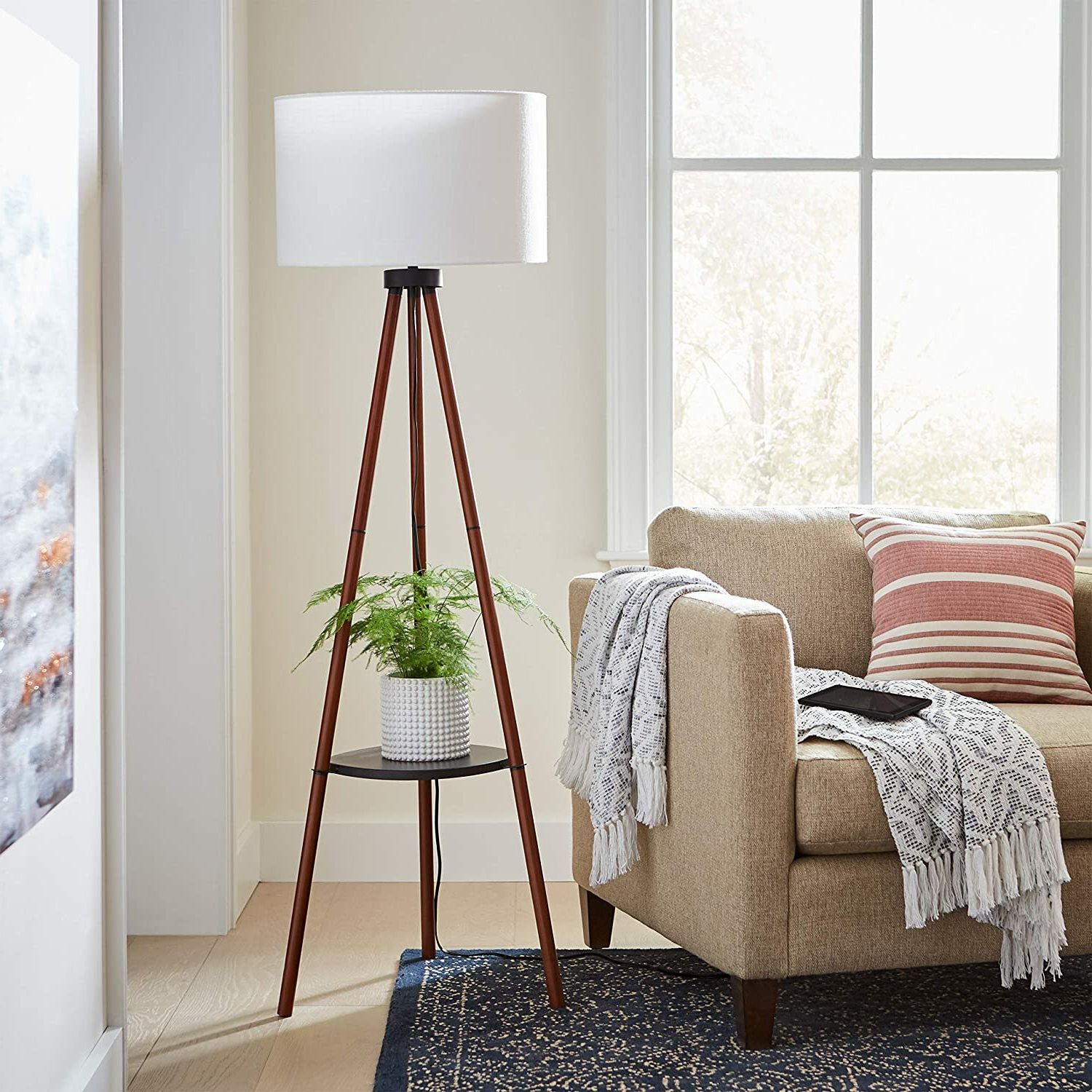 Newest George Oliver Stone & Beam Contemporary Unique Tripod Floor Lamp With  Storage Tray In The Middle Of The Base (View 4 of 15)