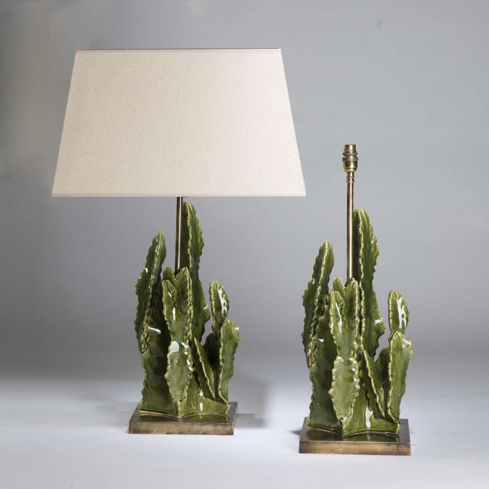 Pair Of Medium Ceramic Cactus Lamps On Square Antiqued Brass Bases (t4451)  – Tyson – Decorative Lighting And Bespoke Furniture With Fashionable Cactus Floor Lamps (View 15 of 15)