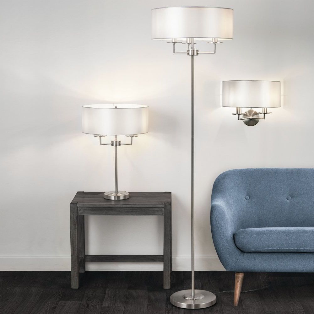 Silver Floor Lamps In Well Known Bridge 3 Light Satin Silver Floor Lamp With Silver Faux Silk Shade (View 11 of 15)