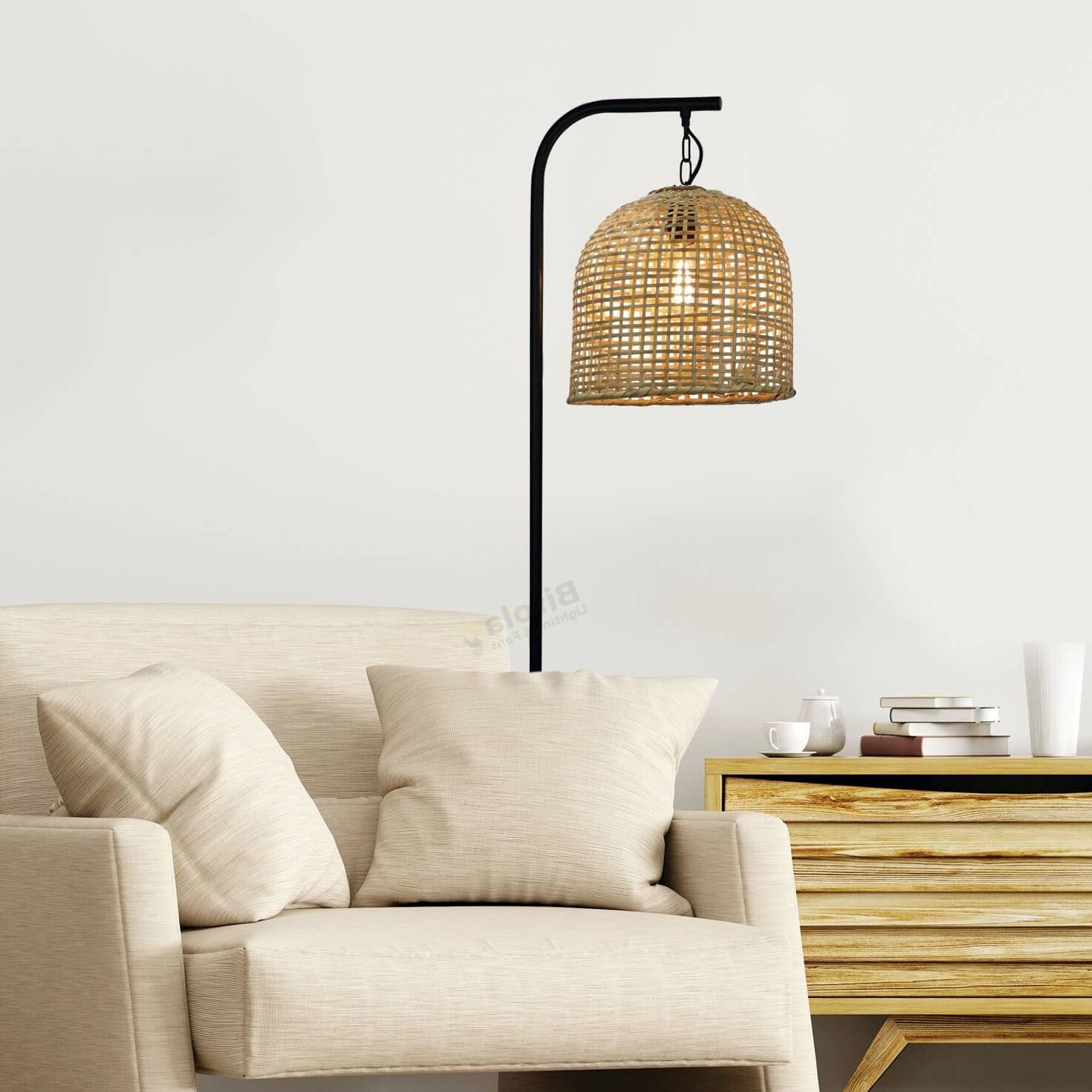 Watson Rattan Floor Lamp With Hanging Chain – Bitola Lighting And Fans Regarding Most Popular Rattan Floor Lamps (View 7 of 15)