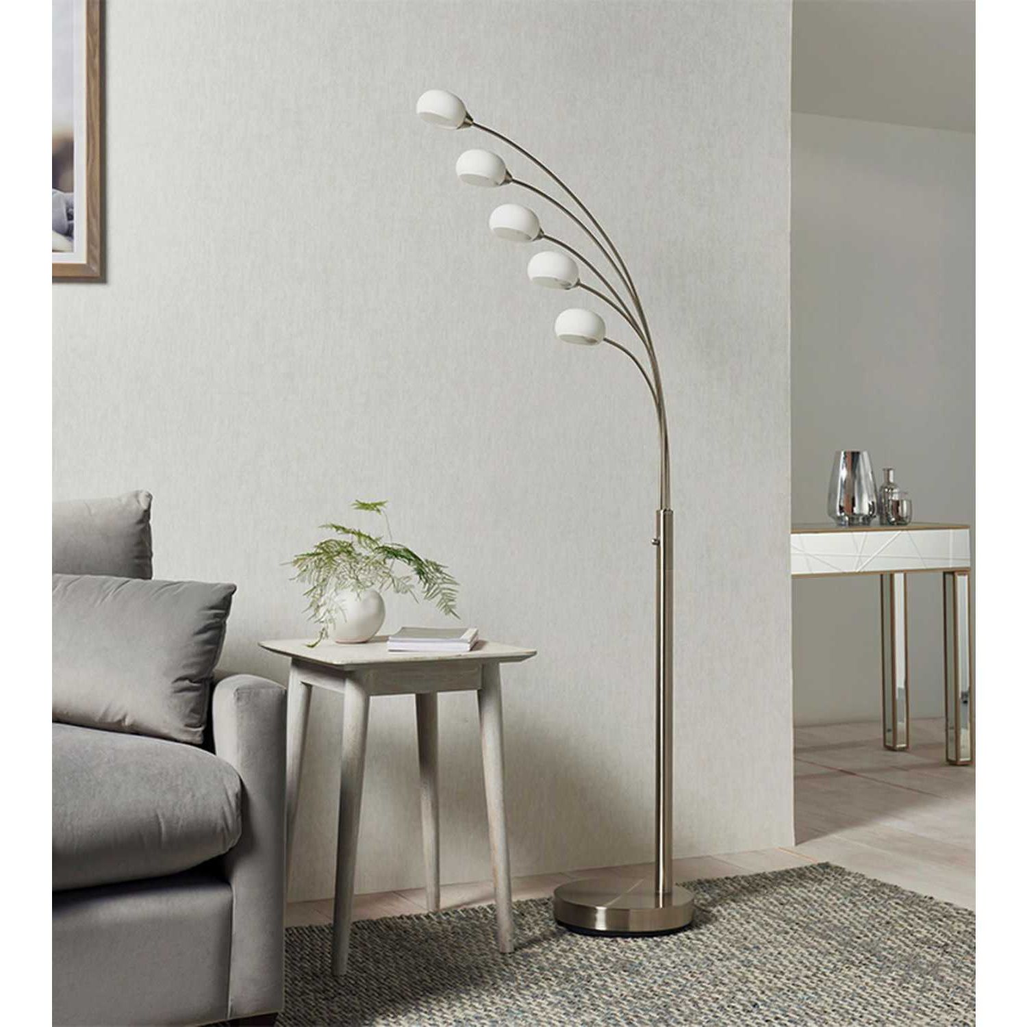 Well Known Silver Steel Floor Lamps With Vintage Silver Steel 5 Arm Dimmable Floor Lamp In Satin Nickel Finish With  White Glass – Cms Furniture (View 7 of 15)