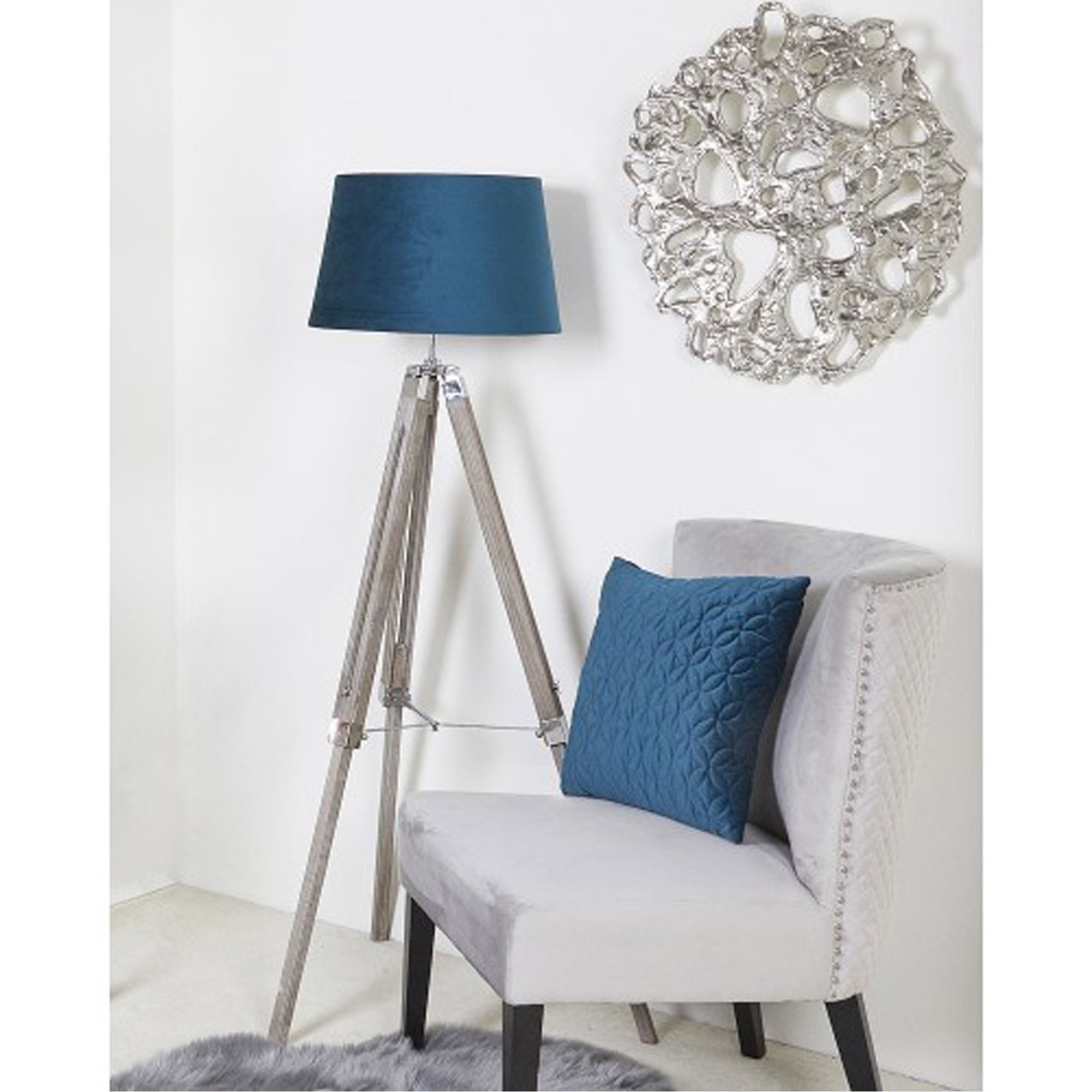 Wood Tripod Floor Lamp With Blue Shade (View 13 of 15)