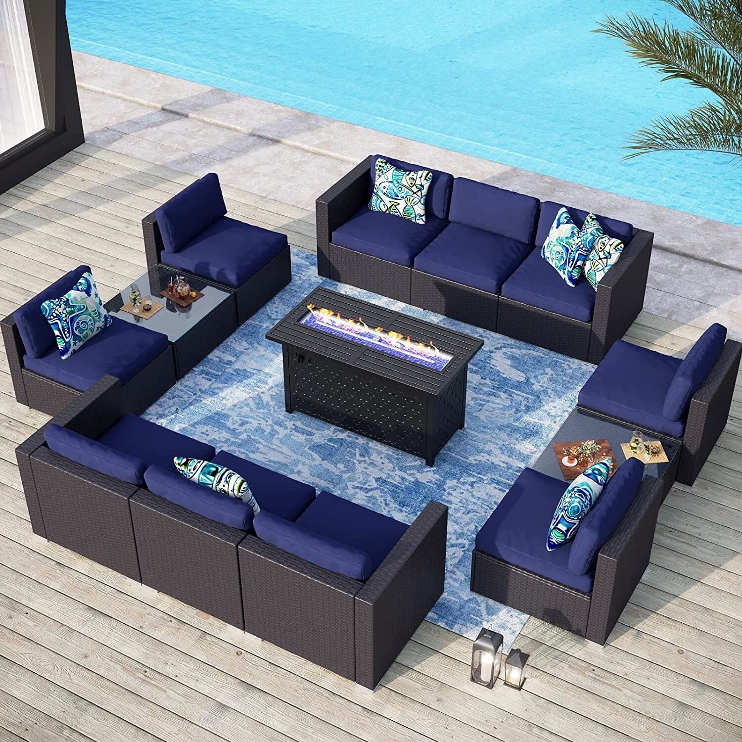 13 Piece Rattan Furniture Set W/ Fire Pit Table Patio Wicker Sectional Sofa  Set (Photo 13 of 15)