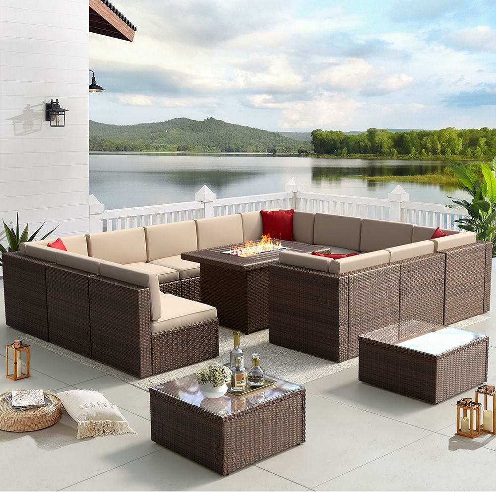 2019 Fire Pit Table Wicker Sectional Sofa Set Throughout Aoxun Patio Furniture Set With Fire Pit Table 15 Piece Rattan Patio  Conversation Set With Brown Cushions In The Patio Conversation Sets  Department At Lowes (Photo 8 of 15)