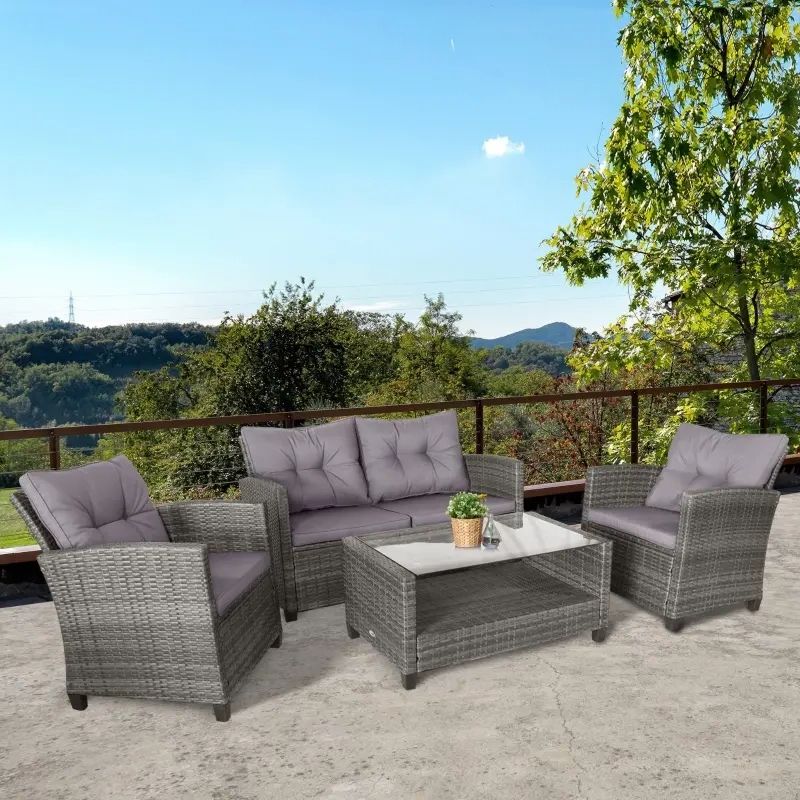 2020 Outsunny 4 Pieces Patio Furniture Sets Rattan Wicker Chair W/ Table Outdoor  Conversation Set With Cushion For Backyard Porch Garden Poolside And Deck,  Onyx (View 10 of 15)